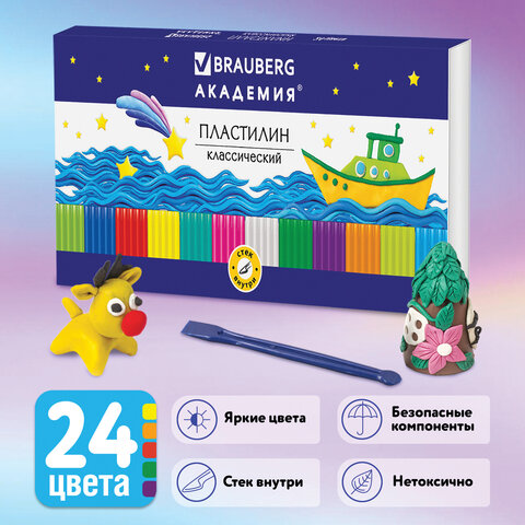 Пластилин классический BRAUBERG "АКАДЕМИЯ", 24 цвета, 480 г, со стеком, ВЫСШЕЕ КАЧЕСТВО, 105899