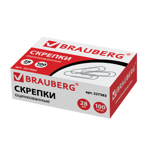 Скрепки BRAUBERG, 28 мм, оцинкованные, 100 шт., в картонной коробке, 227583