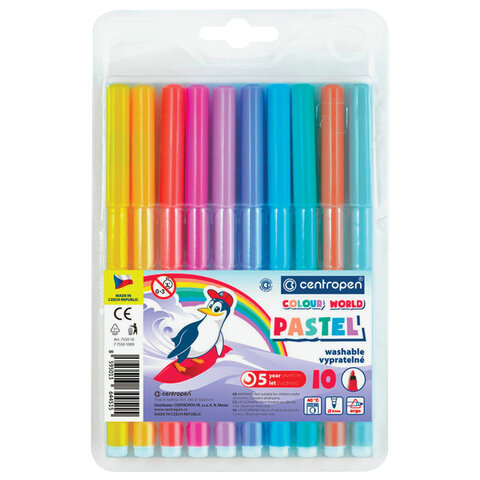 Фломастеры ПАСТЕЛЬНЫЕ 10 ЦВЕТОВ CENTROPEN "Colour World Pastel", смываемые, 7550/10TP, 7 7550 1087