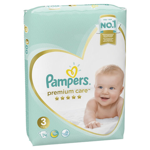 Подгузники КОМПЛЕКТ 74 шт. PAMPERS (Памперс) "Premium Care", размер 3 (6-10 кг), 8001090604644