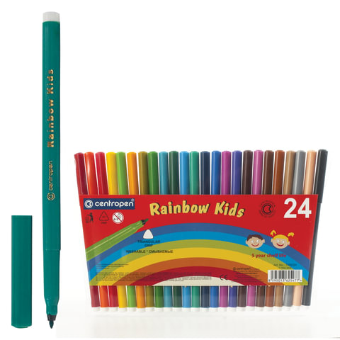 Фломастеры 24 ЦВЕТА CENTROPEN "Rainbow Kids", круглые, смываемые, вентилируемый колпачок, 7550/24ET, 7 7550 2402